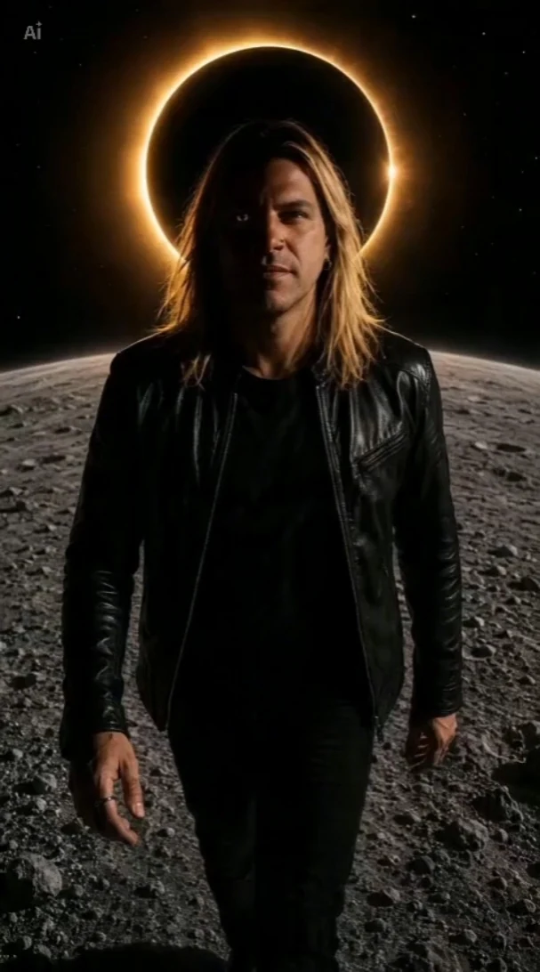 Mike Zoeli diante de eclipse dourado em paisagem lunar