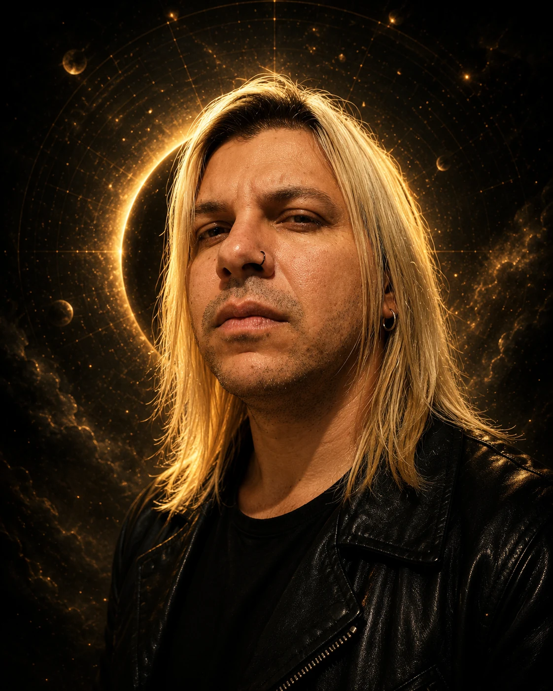 Retrato frontal de Mike Zoeli com halo e geometria dourada