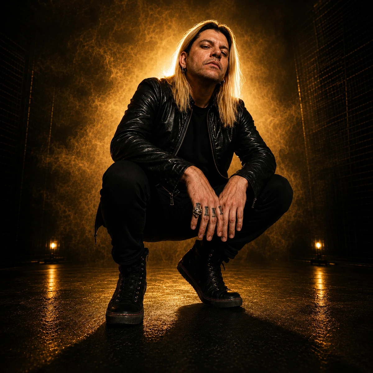 Mike Zoeli em retrato de corpo inteiro sob luz dourada